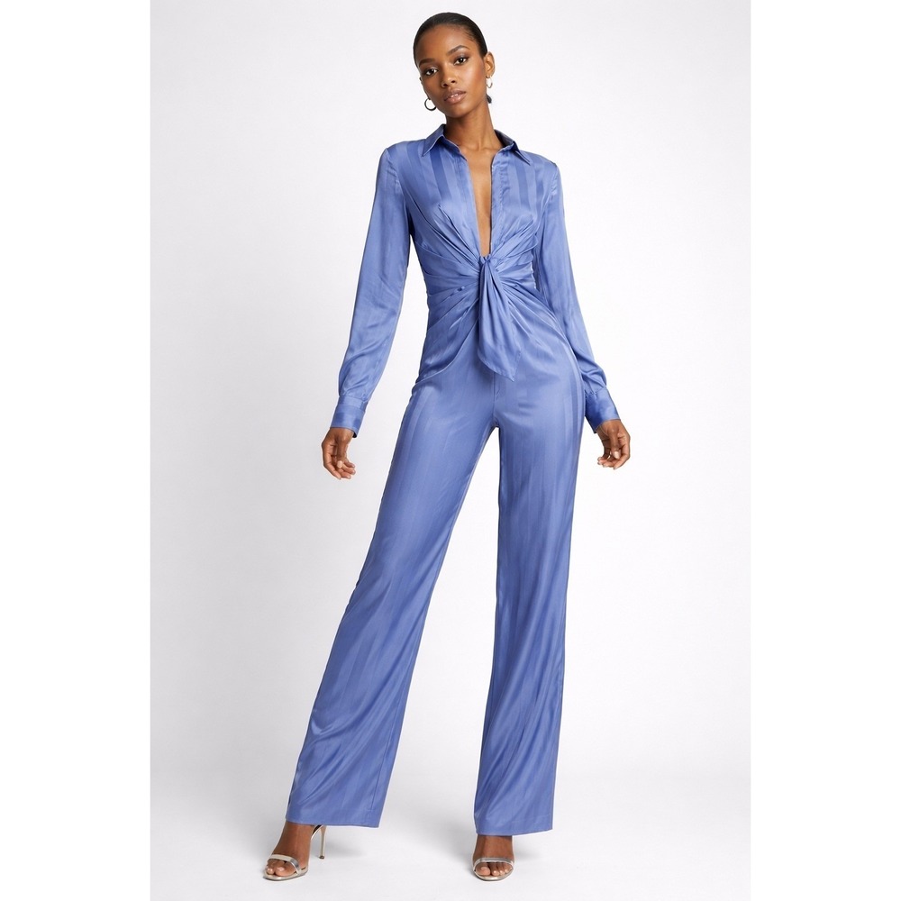 Choosy Blue Striped Twist Front Long Sleeve Wide Leg Jumpsuit Size 6 NWT